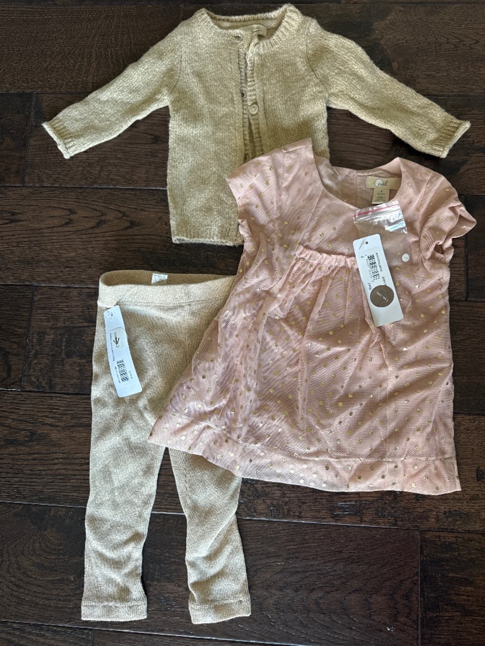 NWT Peek Baby Girl 3-Piece Pink & Gold Dress Cardigan Leggings Set 3-6M
